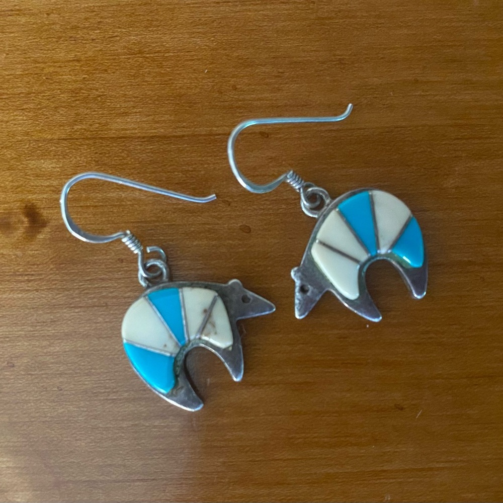 Native American Sterling Silver Inlay Bear Earrings
